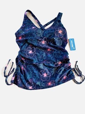 Halter Floral Ruched Tankini Top - Navy Pink Floral